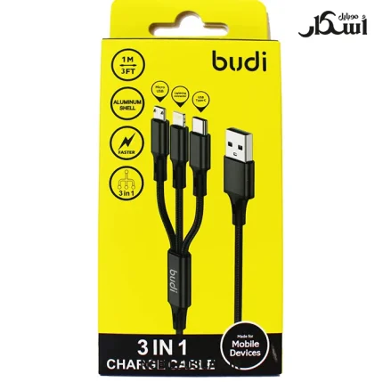 کابل شارژ ۳ کاره بودی (Budi) روکش فلزی | تایپ سی، لایتنینگ، میکرو